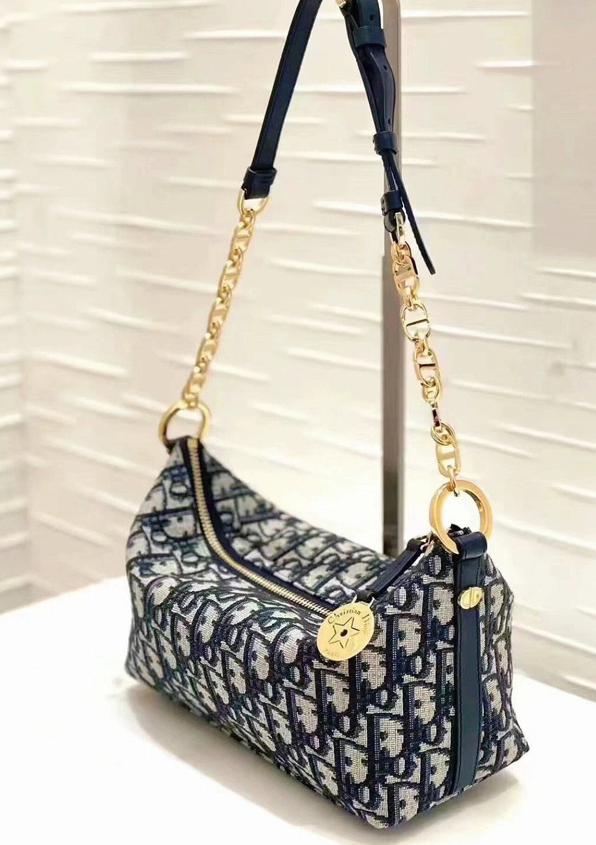 Dior Vintage Monogram Jacquard Baguette Shoulder Bag with Gold Chain
