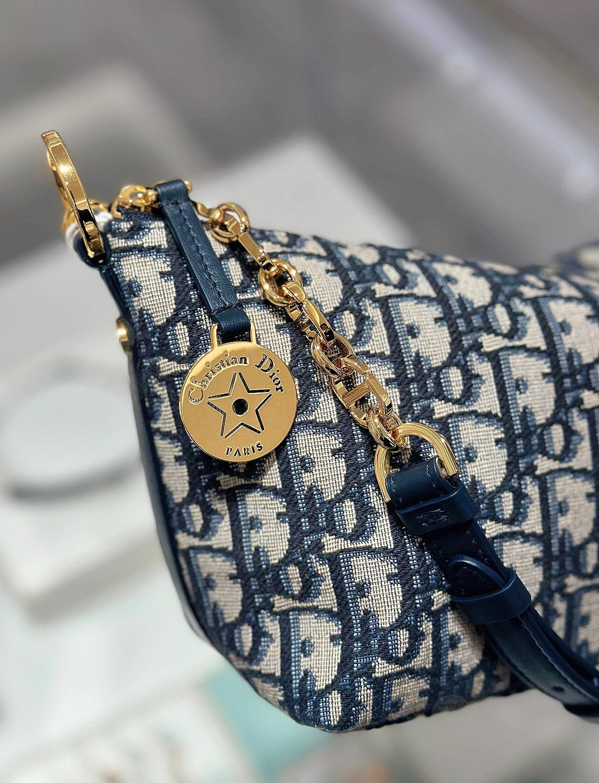 Dior Vintage Monogram Jacquard Baguette Shoulder Bag with Gold Chain