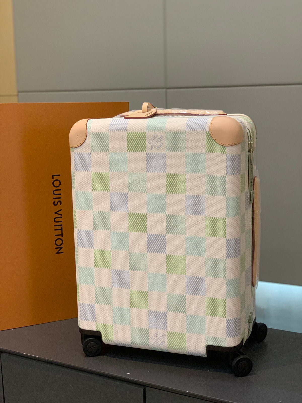 Pastel Checkerboard Rolling Suitcase with Leather Trim