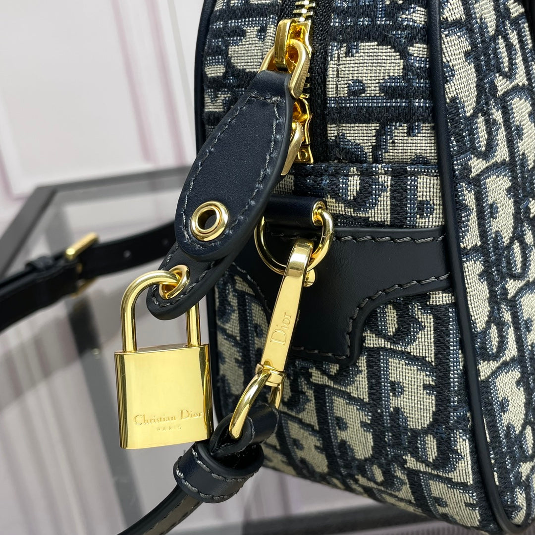 Dior Navy Blue Oblique Monogram Canvas Bowling Bag with Top Handles