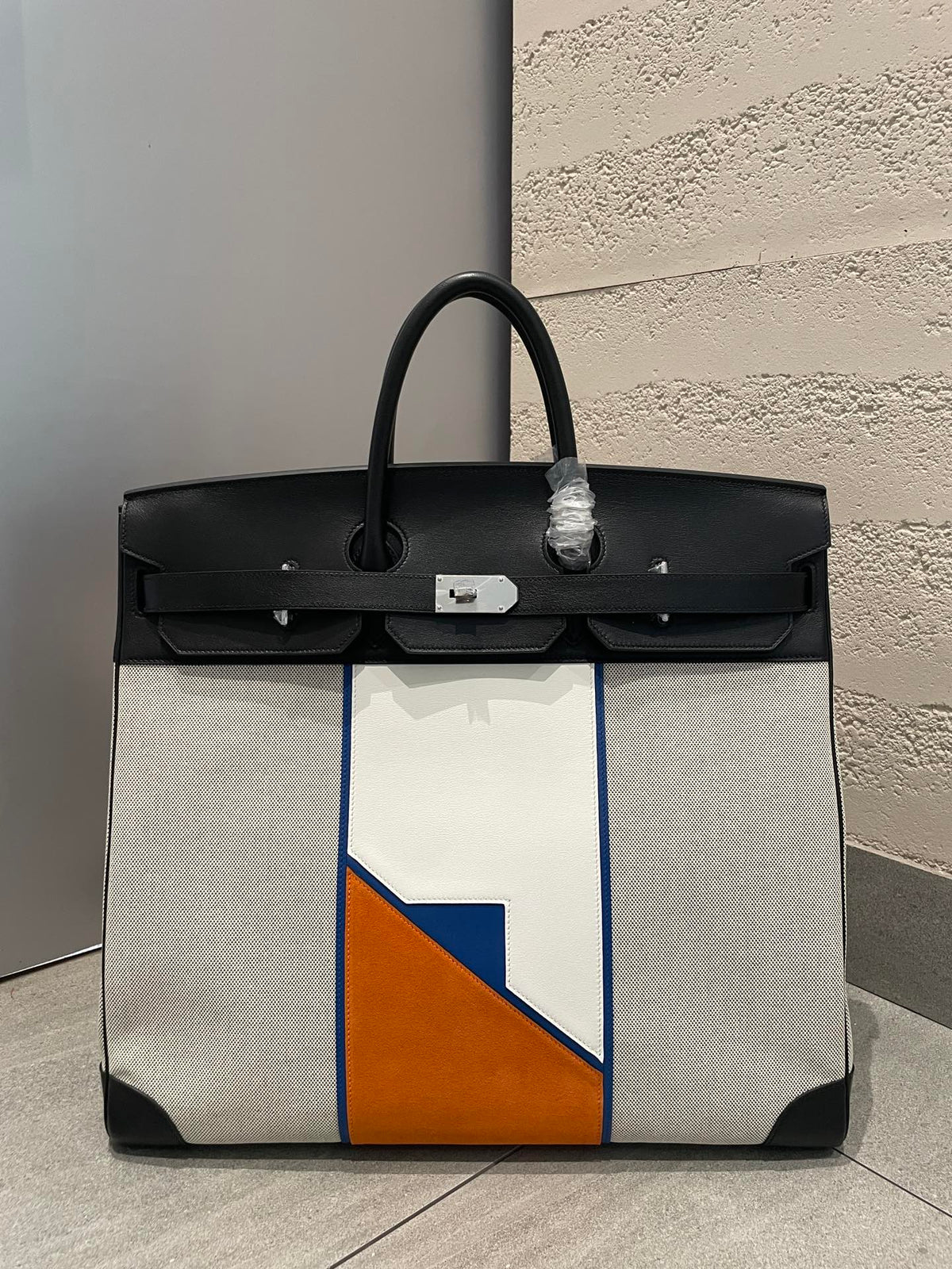 Luxury Canvas and Leather Large Tote Bag - Multicolor Geometric Design