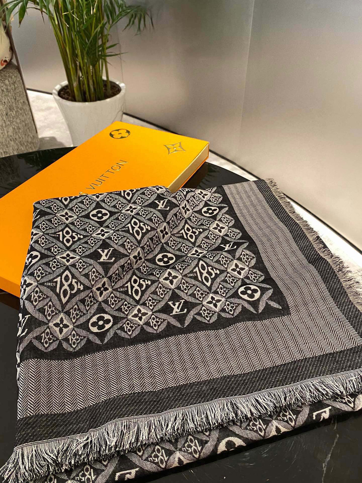 Women's Elegant Patterned Scarf - Large Grey and Black Luxury Inspired Shawl Wrap for Winter and Fall