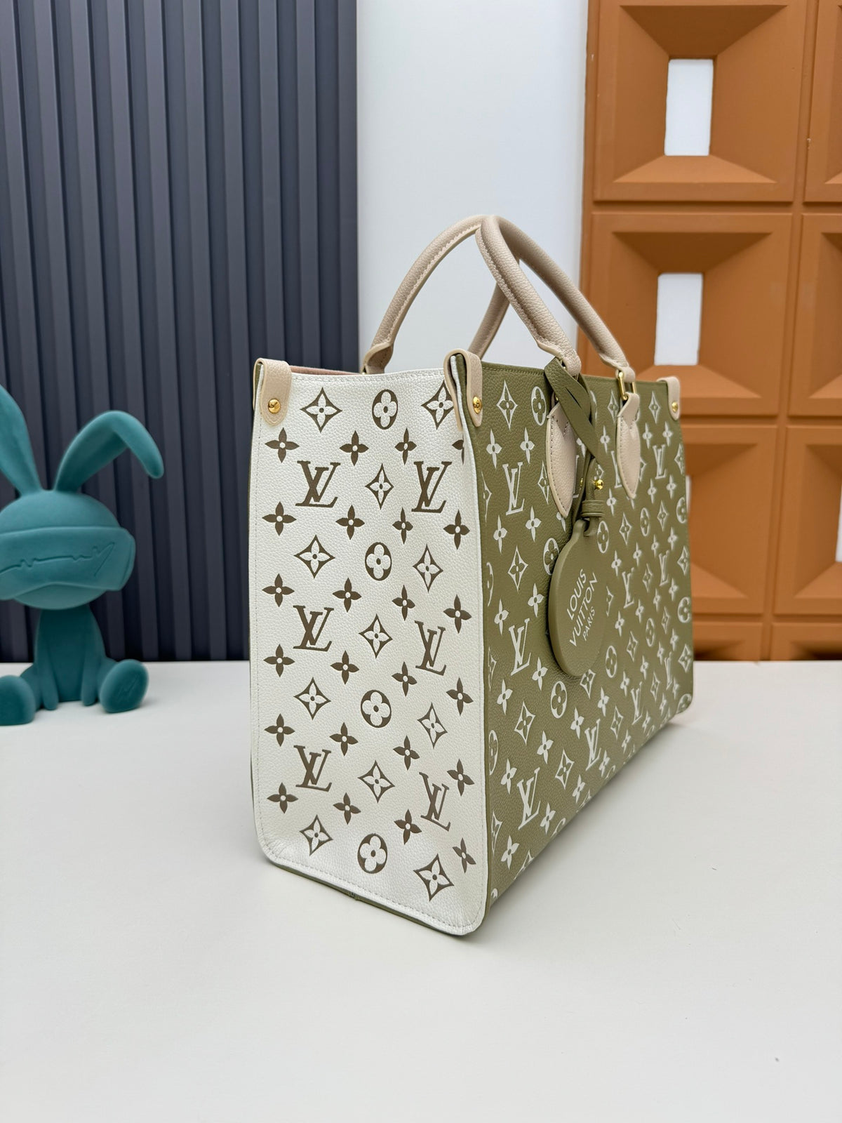 Louis Vuitton Classic Khaki Monogram Print Leather Tote Bag with Top Handles