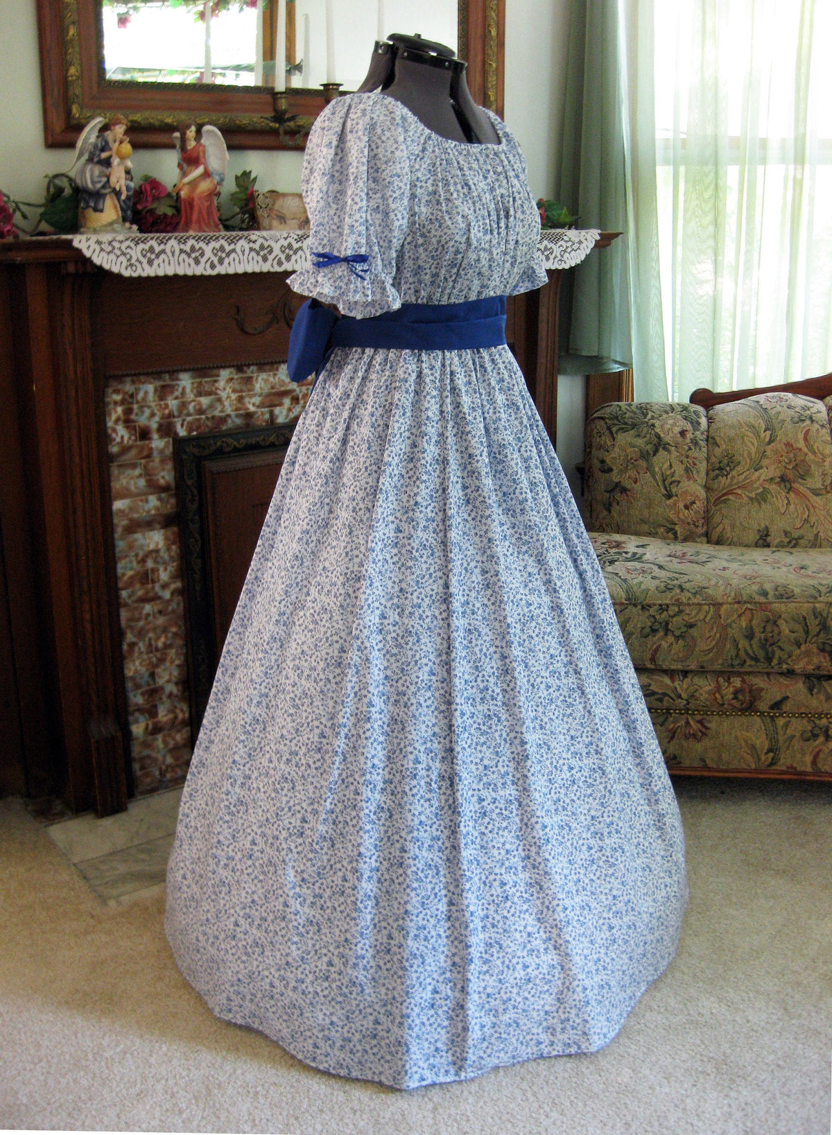 Victorian Inspired Dress, Blue Floral Cotton 3-Piece Set