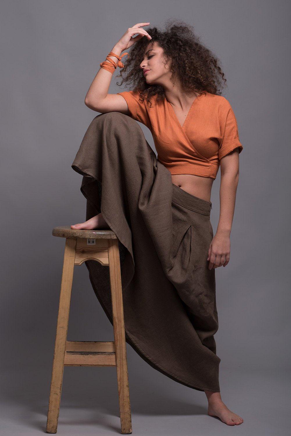 Linen Wrap Top, Adjustable Tie Front Blouse, Soft Flax Choli, Handmade Clothing