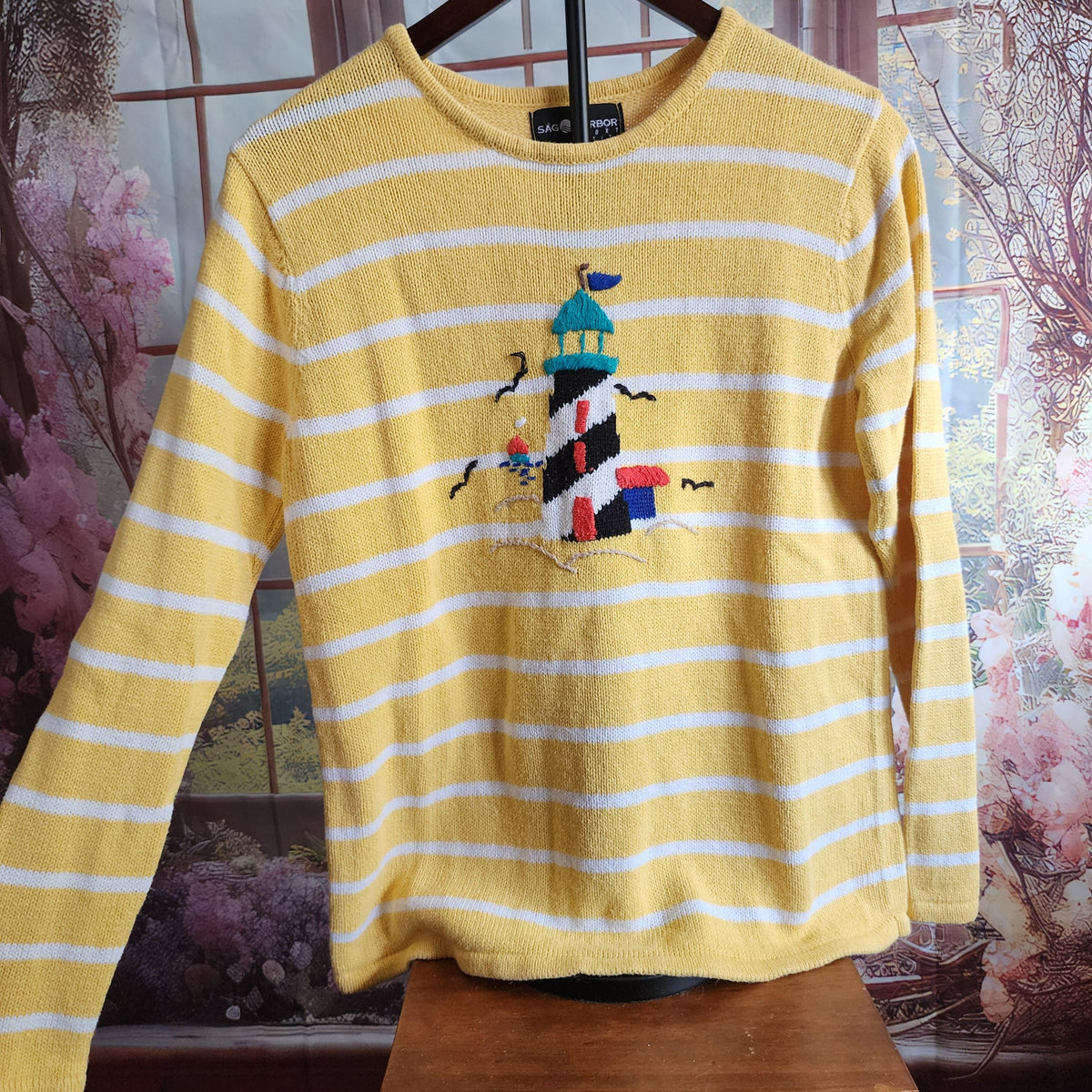 S | Vintage 90s Nautical Sweater: Striped Lighthouse or Sailboat, Petite Small
