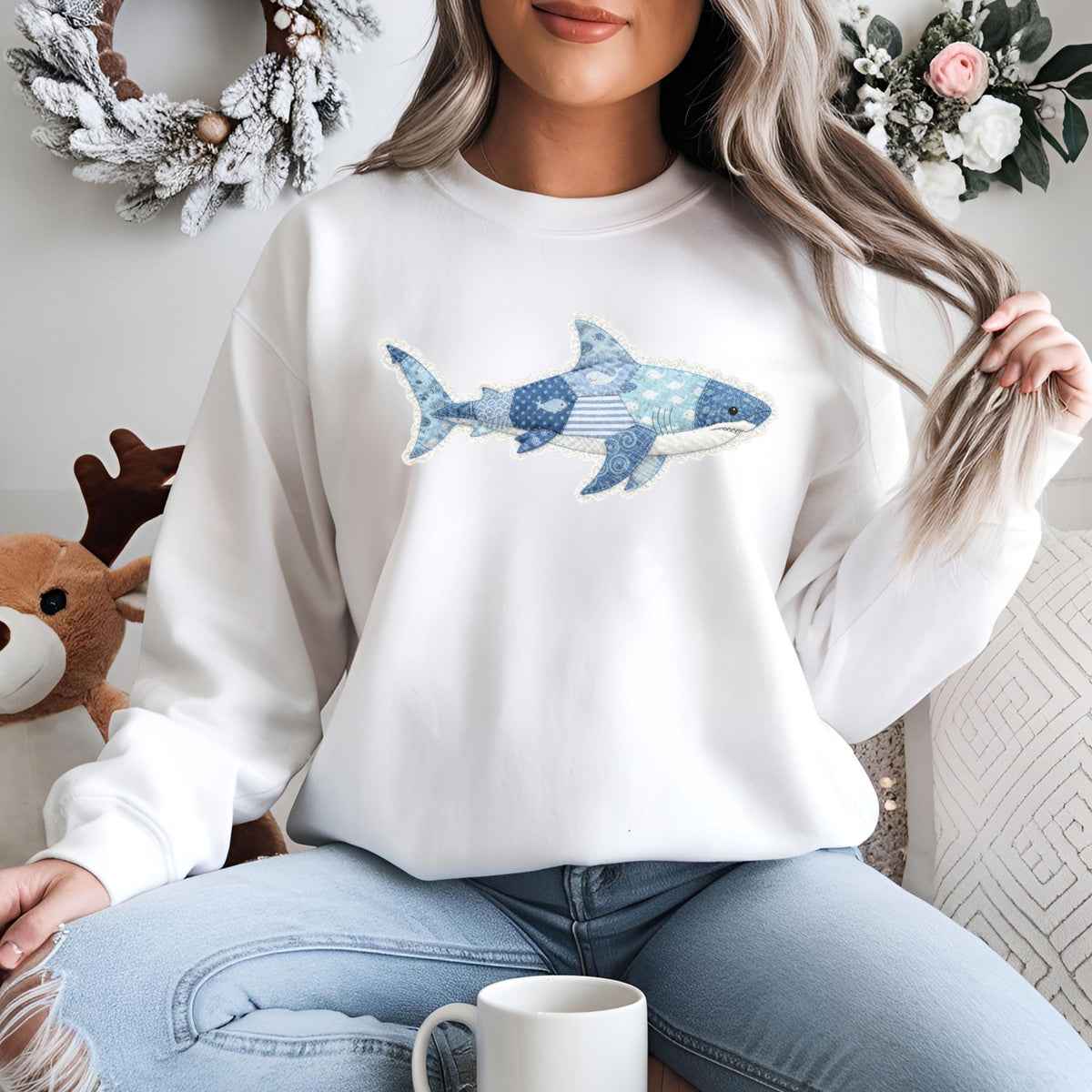 Shark Coastal Coquette Faux Patchwork Sweatshirt, Faux Denim Lace Trim Sharks, Cottagecore Aesthetic Beach Crewneck, Shark Ocean lover gift