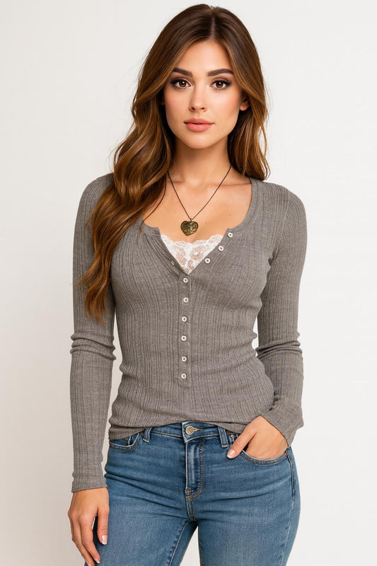 Women Ribbed Button Henley Top, Casual Stretch Knit Fit Sweat Shirt, Everyday Layering  Sweater