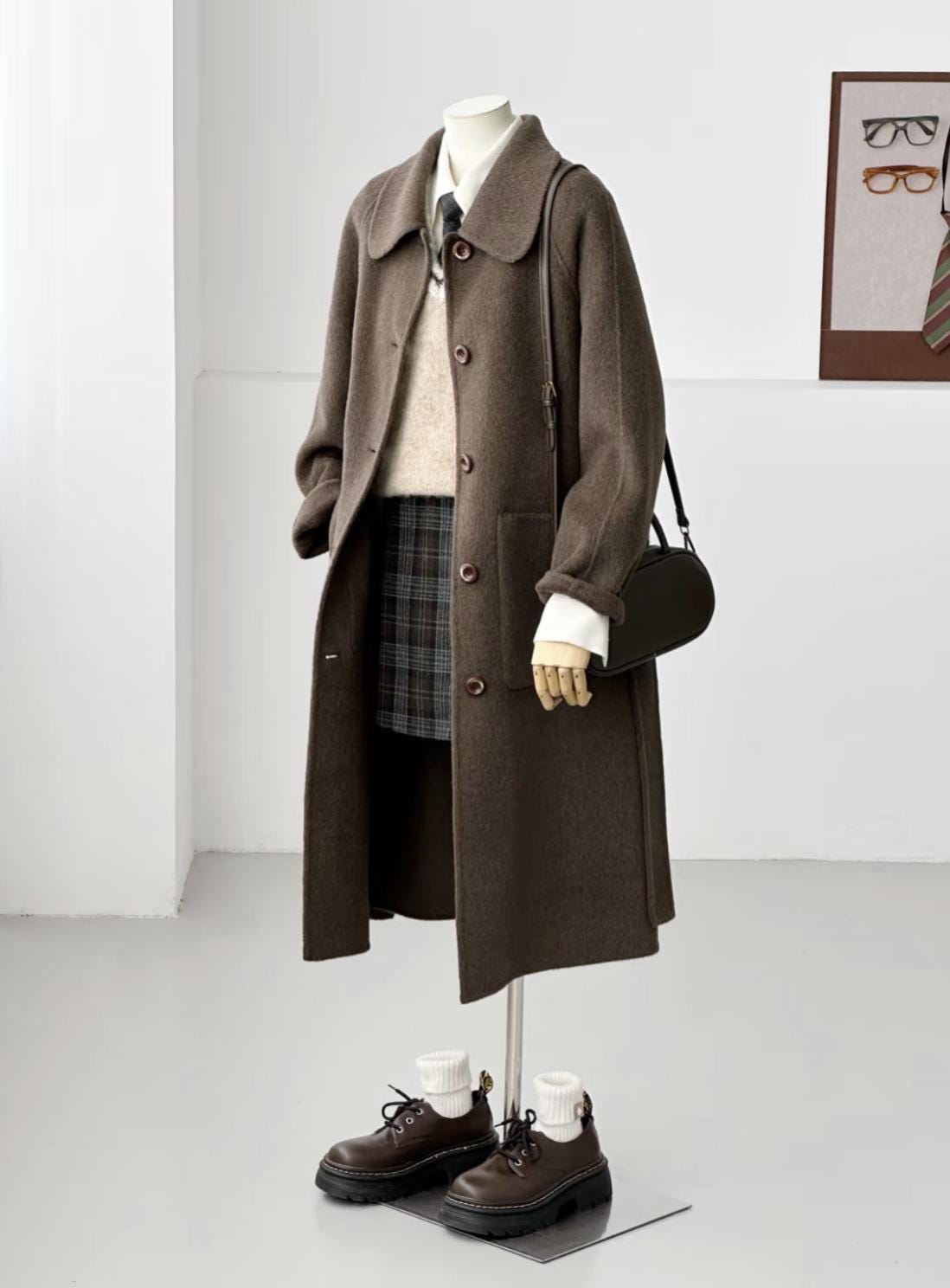 4 Colors Willow Women's Peter Pan Collar Longline Trench Coat - Brown Black– 100% Wool, Winter Gift, Handmade Double-faced