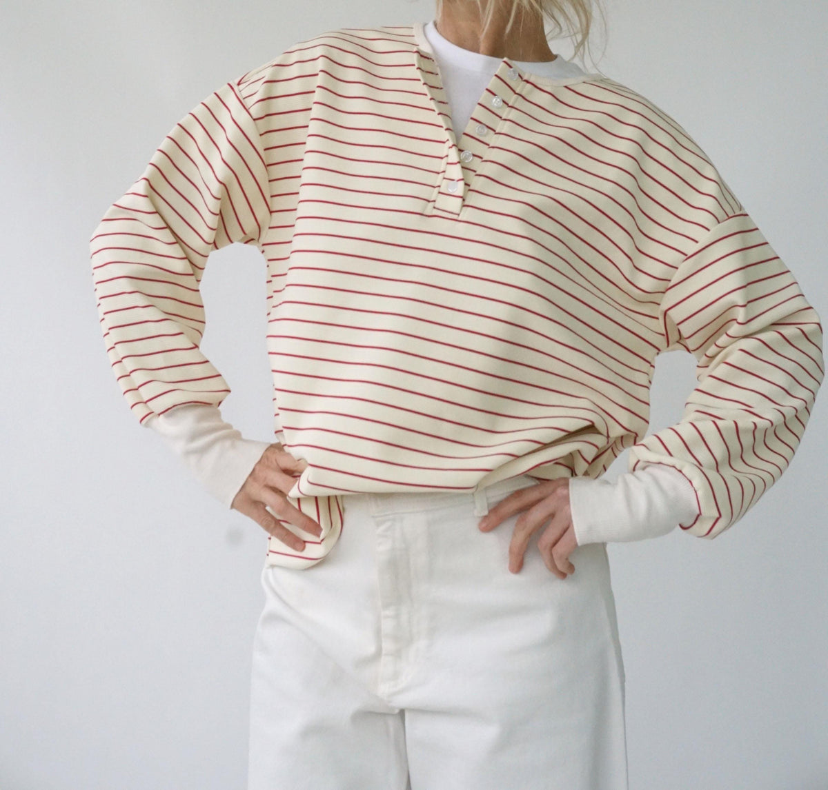 Vintage French Red Stripes Henley Long Sleeve Top | Waffle Knit Mariniere Henley T-Shirt | Perfect Breton Shirt