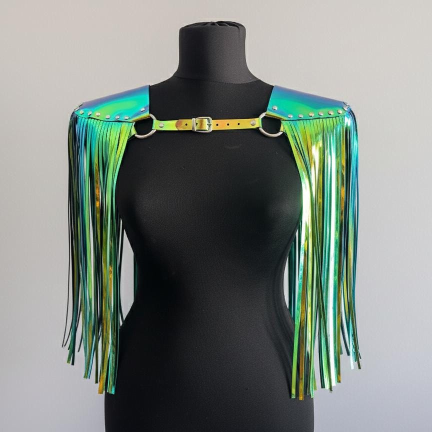 Iridescent Holographic Fringe Epaulettes, Festival Costume Shoulder Harness, Rave Outfit Accessory