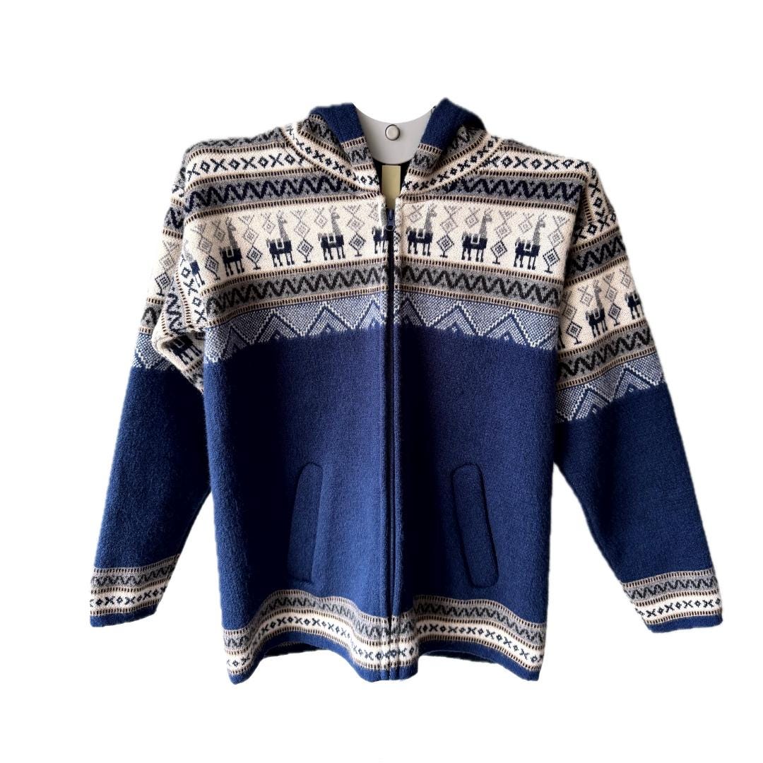 Alpaca Jacket | Handmade Unisex Hooded Winter Coat M Size | Blue