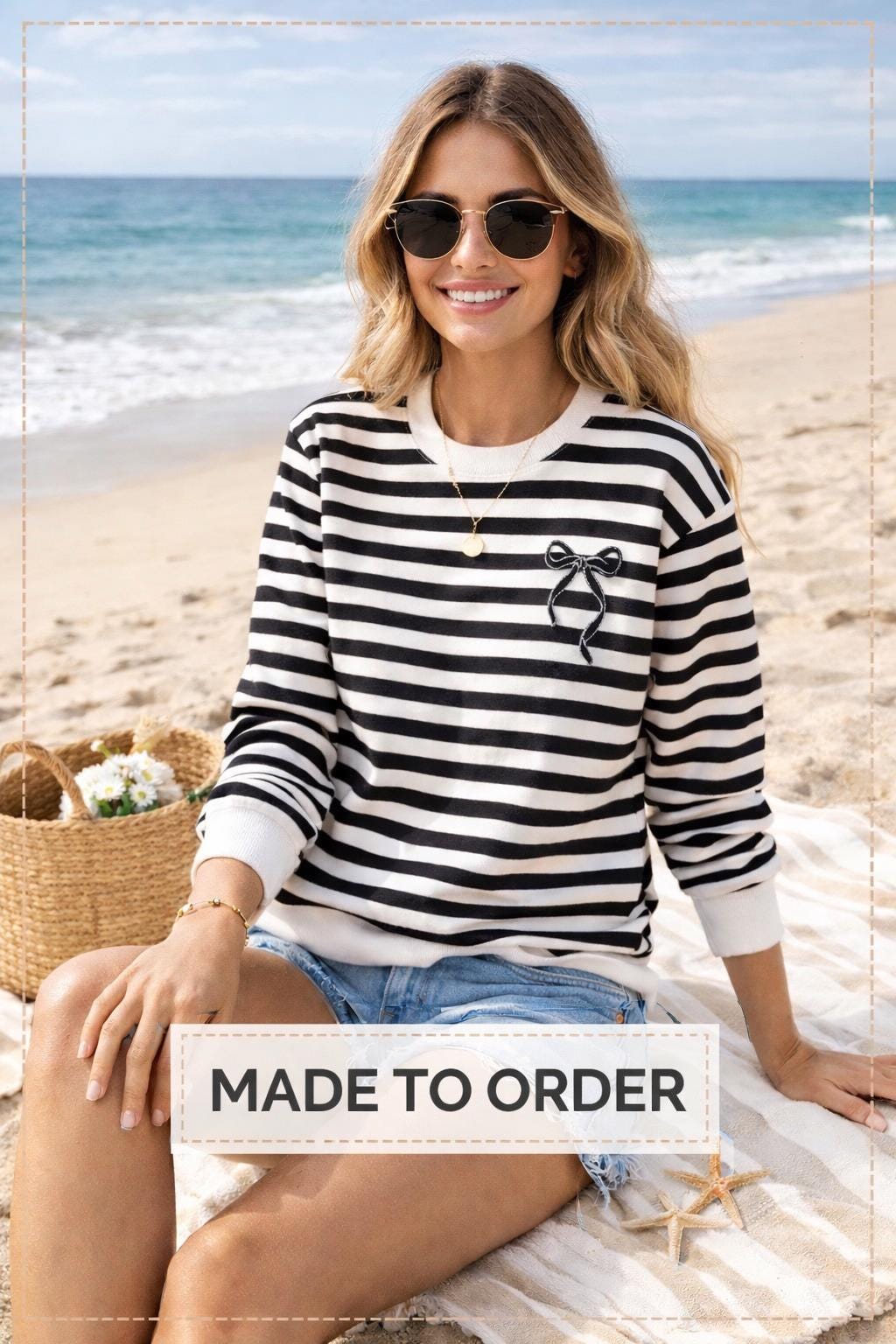 Black White Stripe Crewneck Sweatshirt: Nautical Minimalist Pullover Sweater