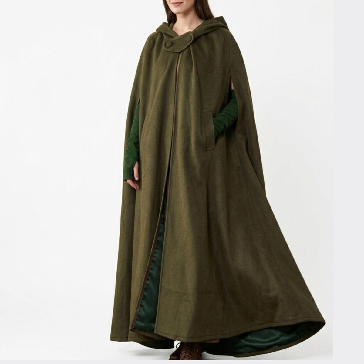 Handmade Hooded Wool Cloak | Renaissance Medieval Green Cape | Princess Style Long Cloak | Fantasy Costume Outerwear