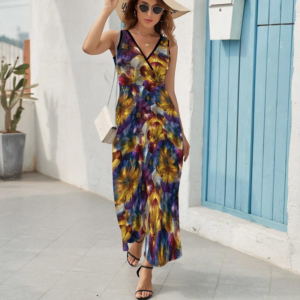Radiant Pansy Glow Maxi Dress Women Floral V Neck, a Temperament Ladies Sleeveless Dress