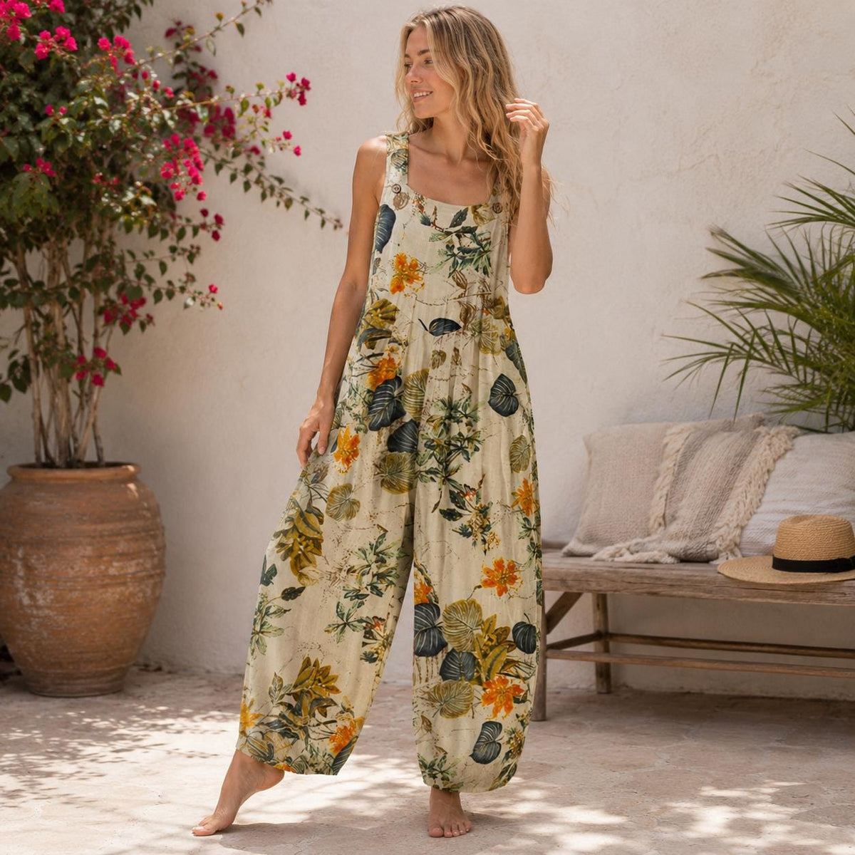 Women’s Floral Jumpsuit, Wide Leg Overalls, Sleeveless Loose Fit Jumpsuit with Pockets, Summer Holiday Outfit, Boho Jumpsuit