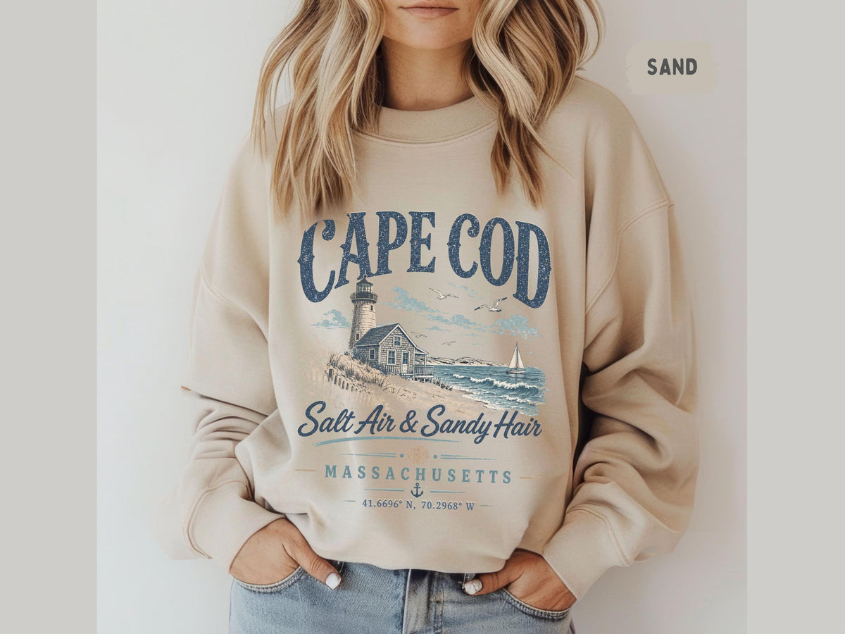 Cape Cod Sweatshirt, Massachusetts Beach Pullover, Coastal Lighthouse Crewneck, Salt Air Sandy Hair Vacation Sweater