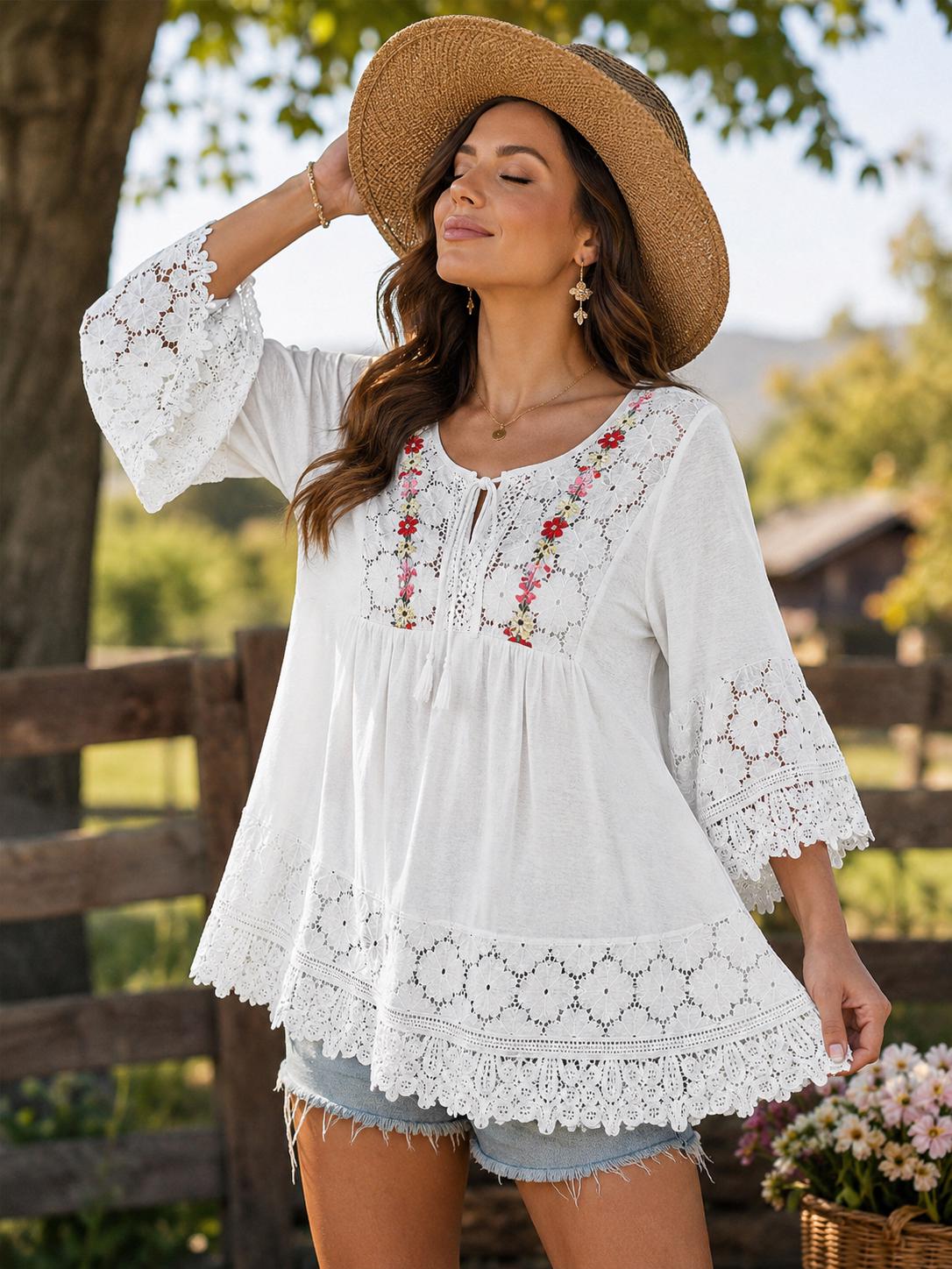 Embroidered Cotton Linen Blouse | Boho Floral Peasant Top Summer Breeze