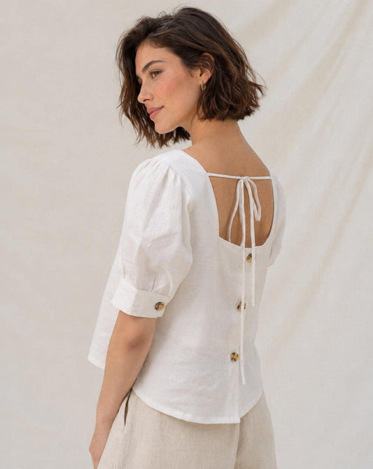 White Linen Puff Sleeve Top for Women, French Linen Blouse, Square Neck Linen Shirt, Summer Linen Top, Cottagecore Linen Blouse Custom Made