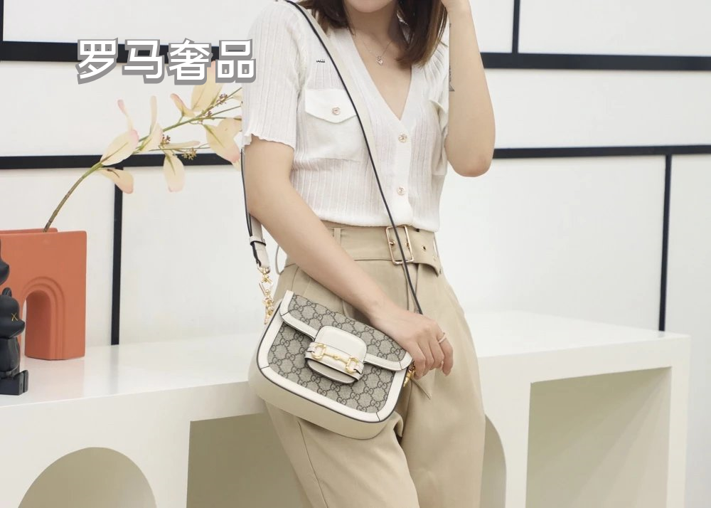 Gucci Vintage Monogram Saddle Crossbody Bag with Gold Horsebit Buckle