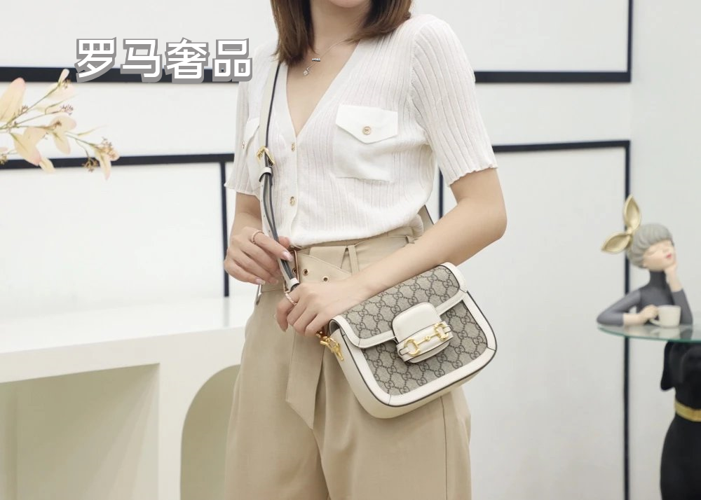 Gucci Vintage Monogram Saddle Crossbody Bag with Gold Horsebit Buckle